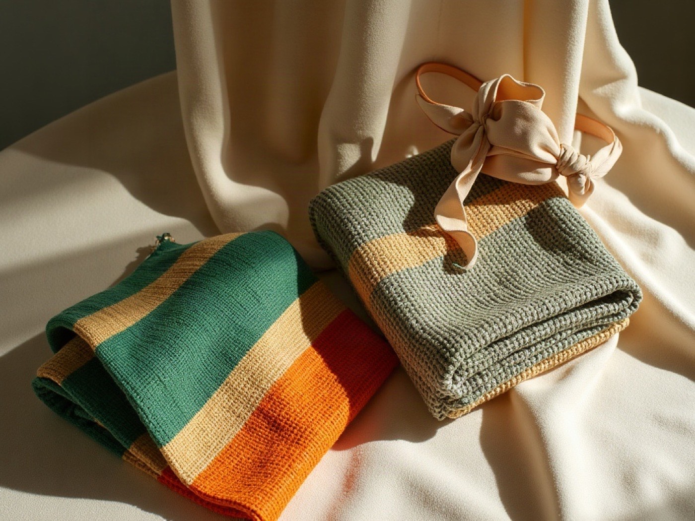 Folded emerald, sand, and sun-orange textiles with a ribbon on cream cloth
