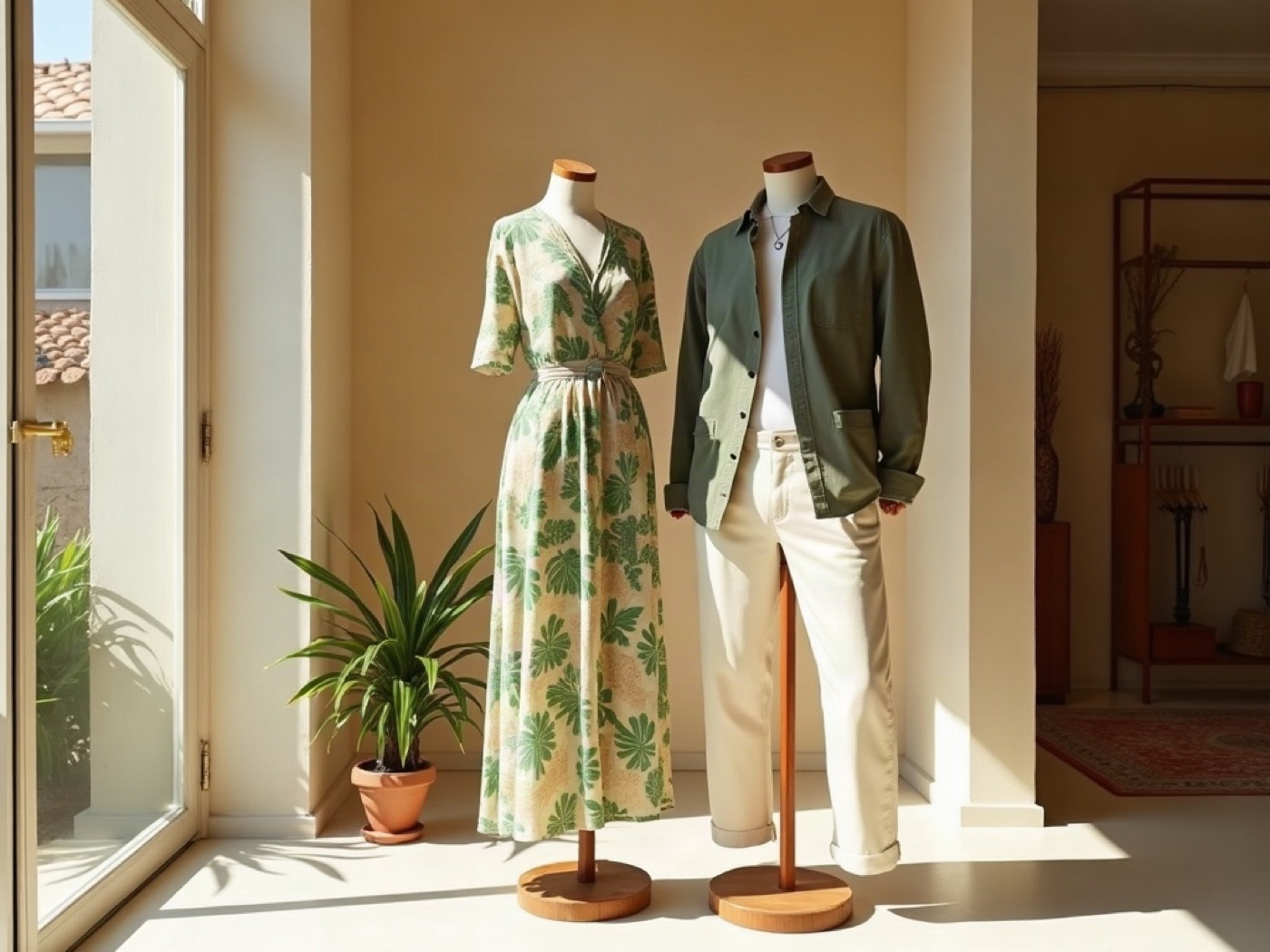 Headless dress form in a tropical leaf-print summer dress