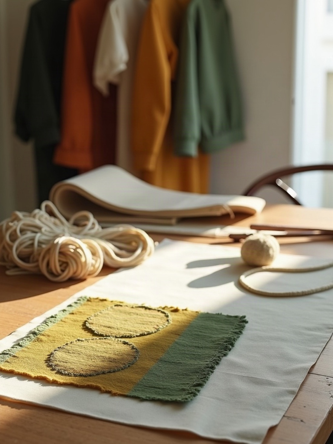 Hand-stitched textile panel and linen cord on a sunlit work table