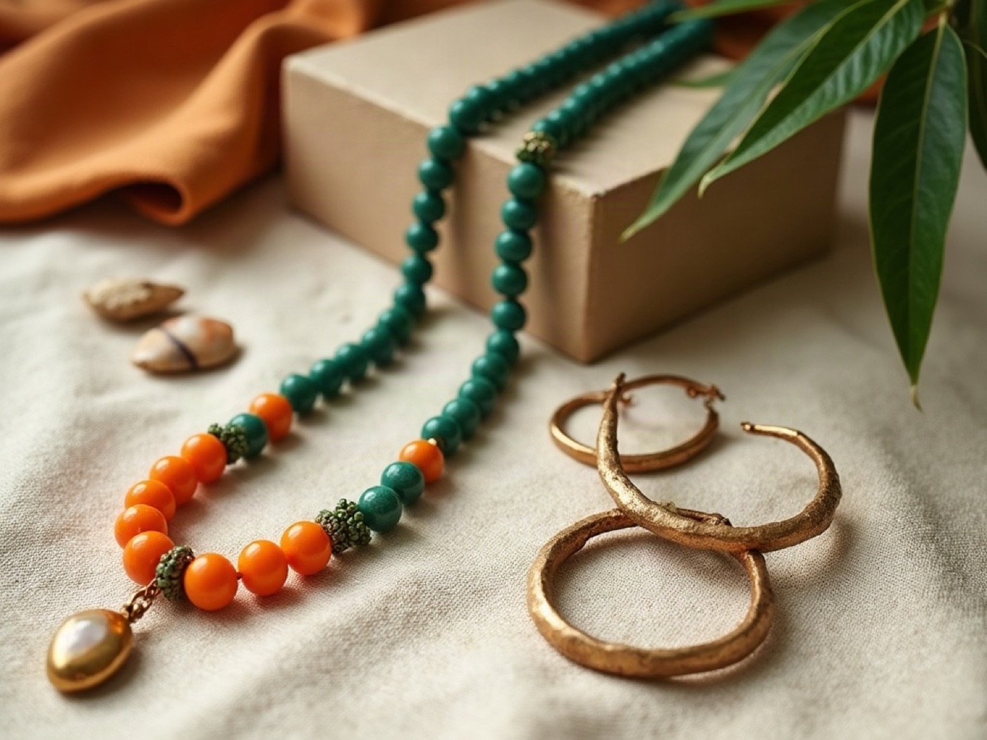 Seed beads, a crystal pendant, and coconut-shell beads on sand cloth