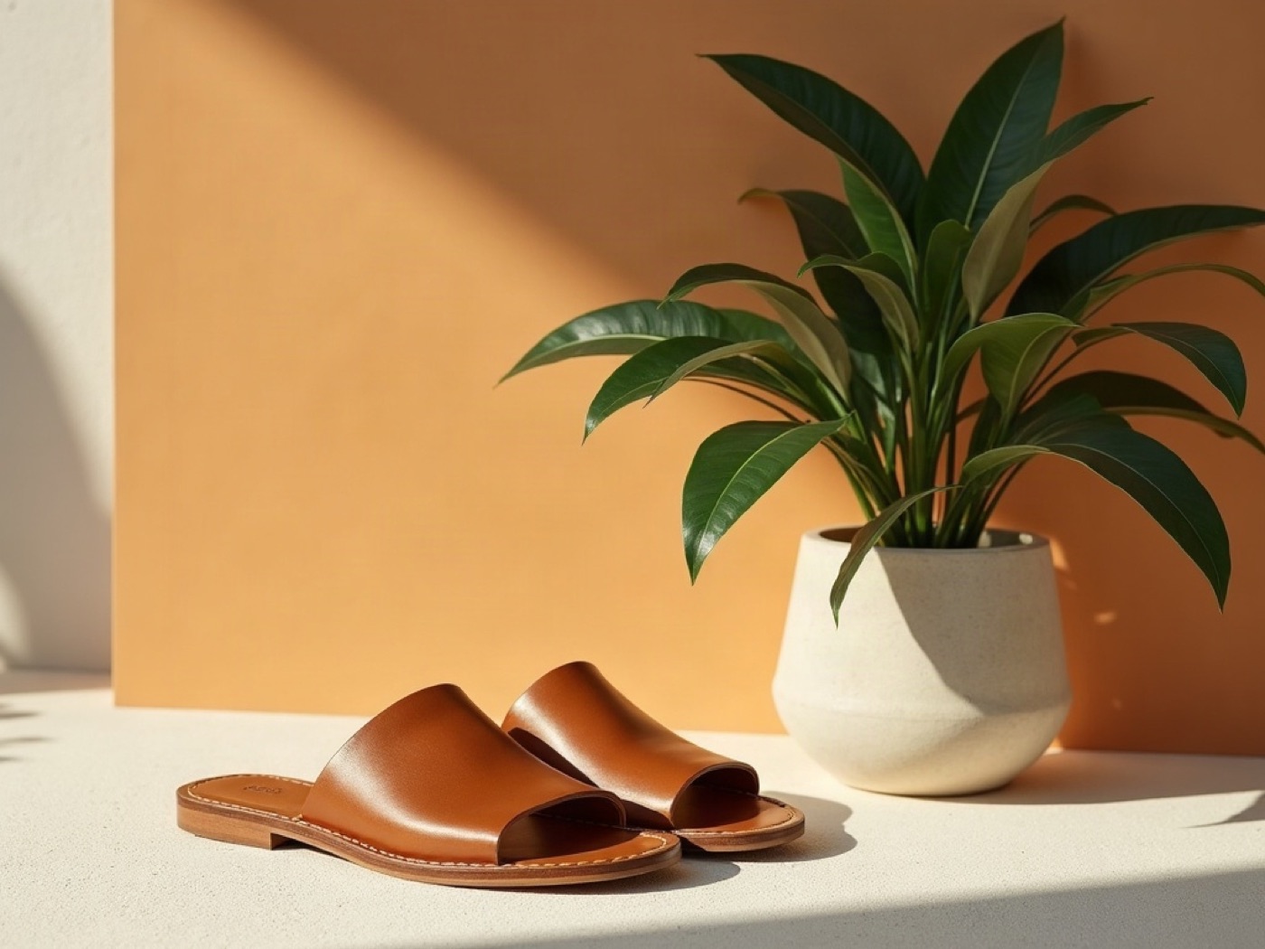 Brown leather slide sandals on a pale ledge beside a leafy plant